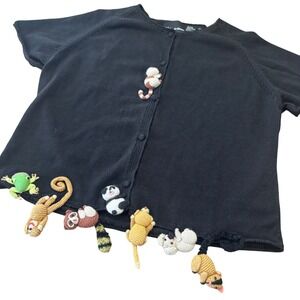 Vtg Michael Simon Cardigan 3D Crochet Animal Applique XL Novelty Knit Dangle